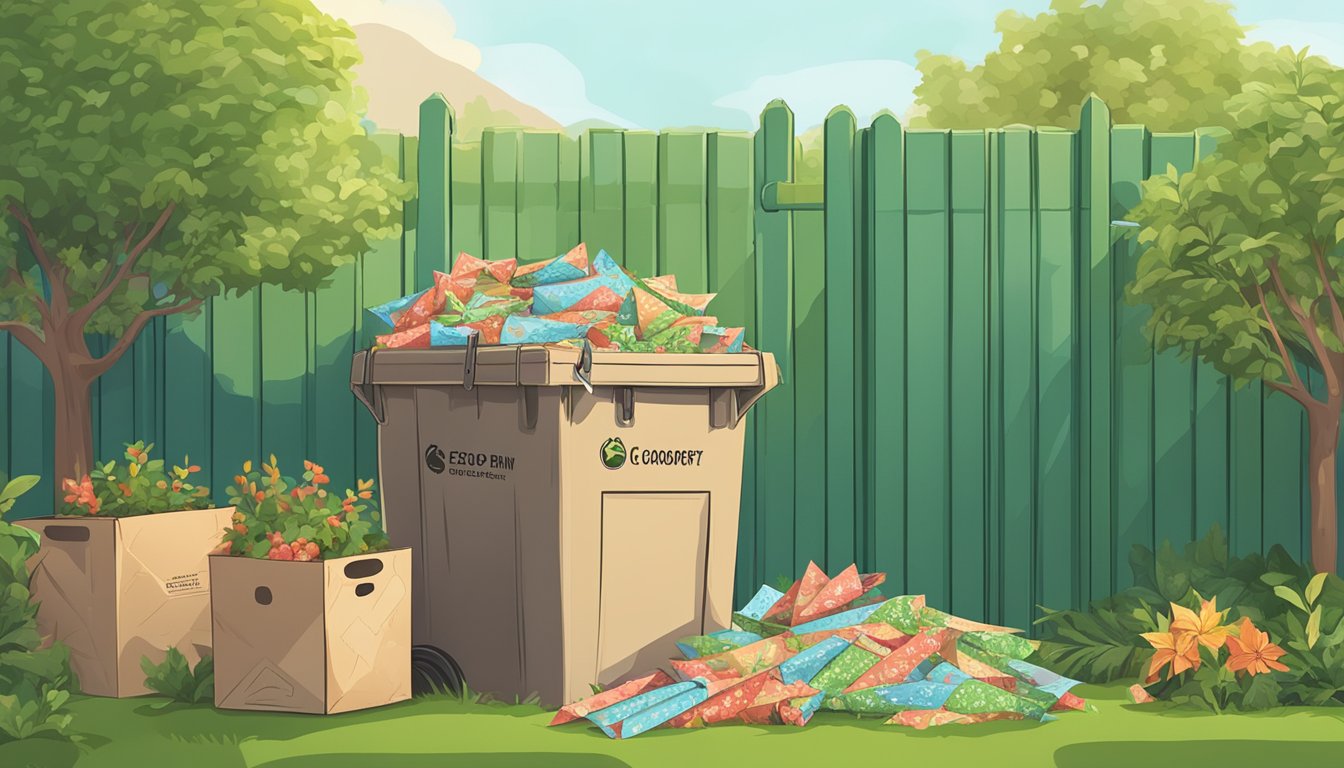 A pile of used Christmas wrapping paper sits next to a compost bin in a backyard garden. A small sign indicates that the paper is eco-friendly and can be composted