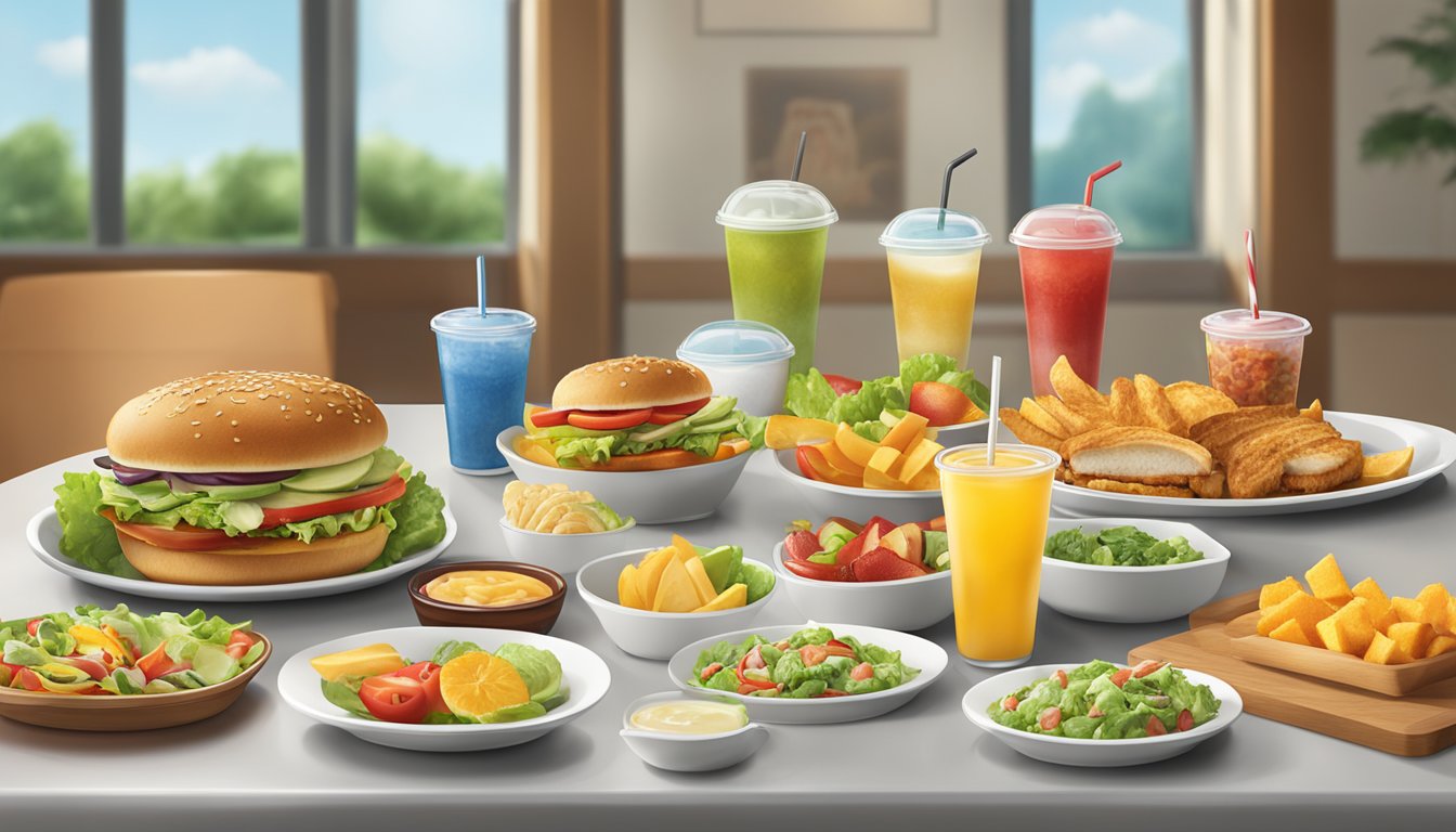 A table with a variety of Hardee's healthy options, including salads, grilled chicken sandwiches, and fruit cups, displayed in a well-lit and inviting setting