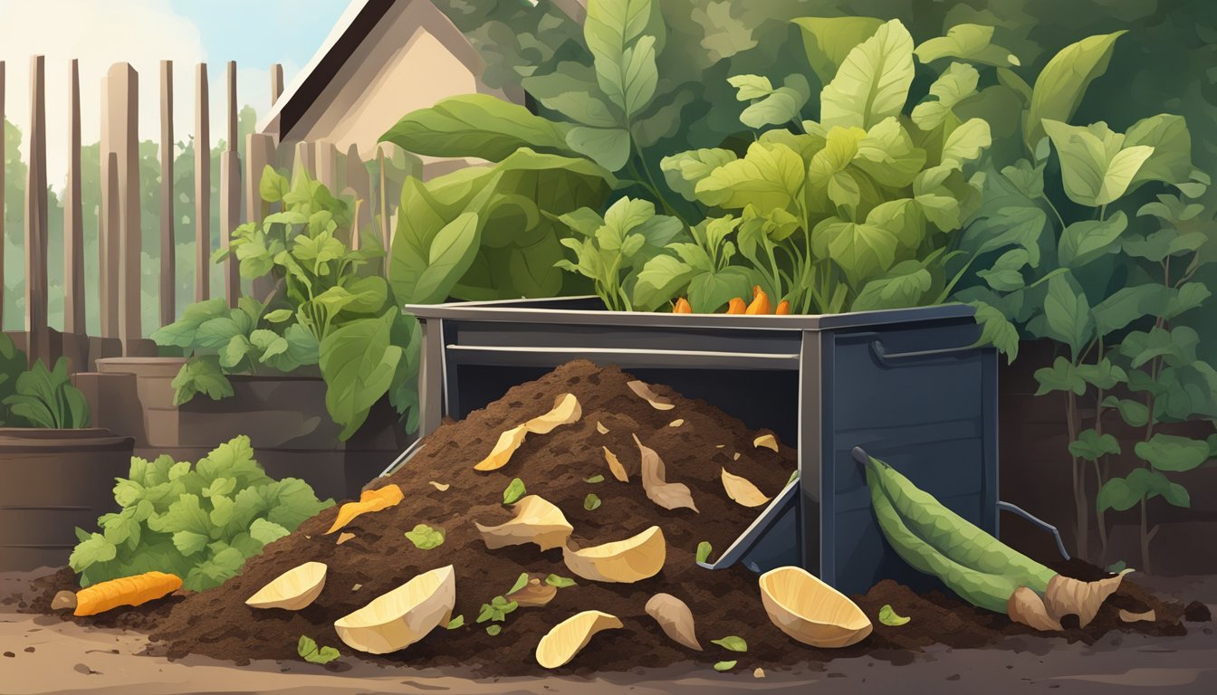 A pile of yam peels and vegetable scraps decomposing in a compost bin surrounded by rich, dark soil and thriving plants