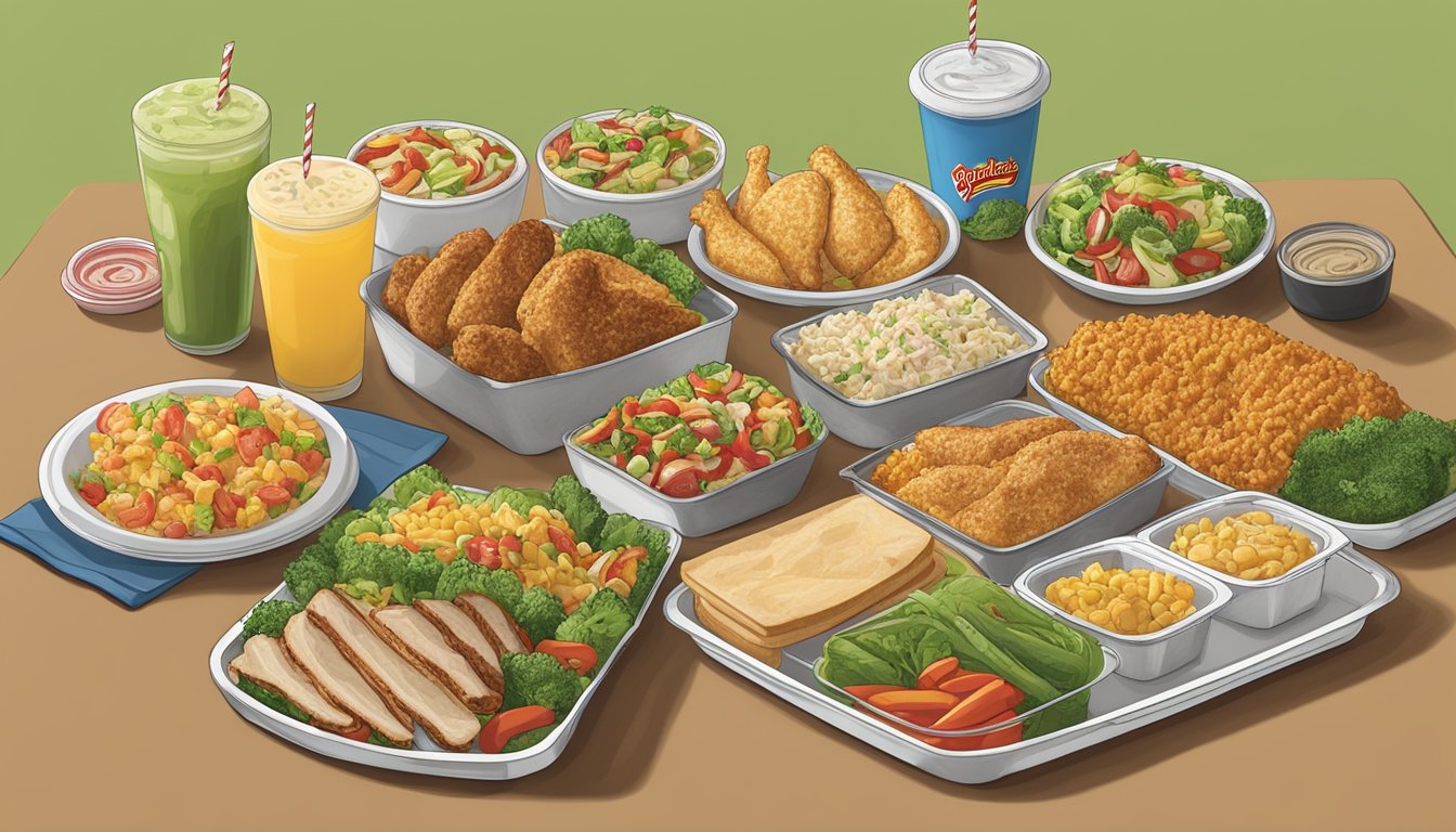 A table with a variety of healthy and delicious lunch and dinner options from Bojangles, including salads, grilled chicken, and fresh vegetables