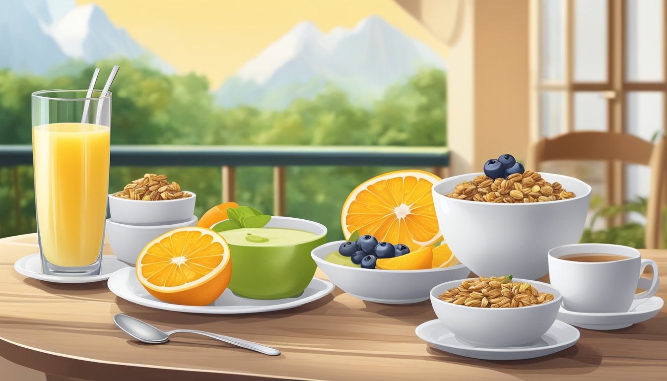 A table set with a variety of fresh fruits, yogurt, granola, and whole grain toast. A glass of orange juice and a cup of green tea complete the scene