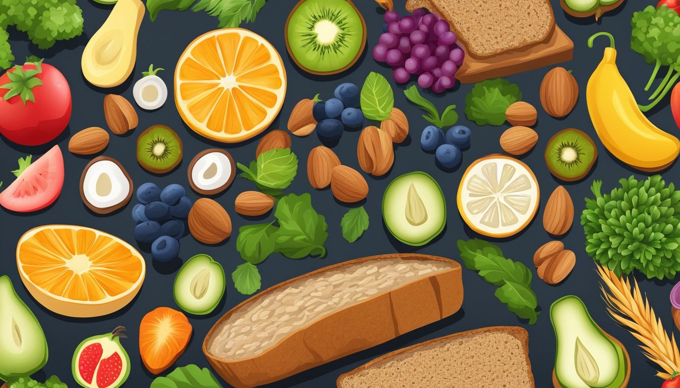 A colorful array of fresh vegetables and whole grain bread, surrounded by vibrant fruits and nuts, with a variety of dressing options