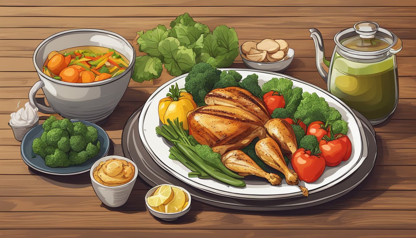 A colorful array of fresh vegetables and grilled chicken on a rustic wooden table, with a steaming cup of tea nearby