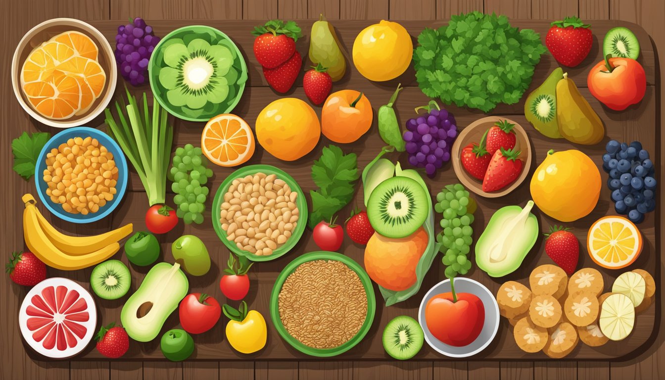 A colorful display of fresh fruits, vegetables, and whole grain snacks arranged neatly on a wooden board