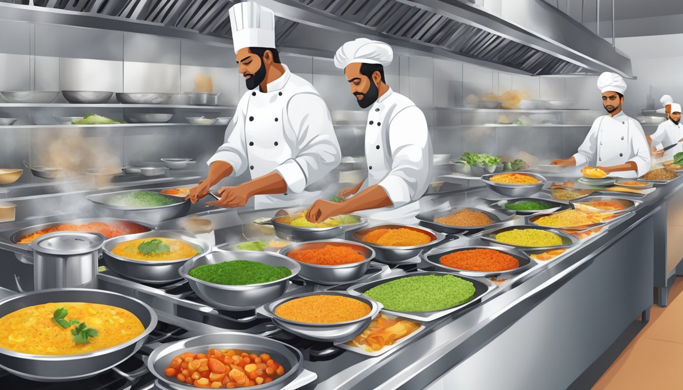 An Indian restaurant kitchen busy with chefs preparing colorful, aromatic dishes using fresh, wholesome ingredients for a healthy menu