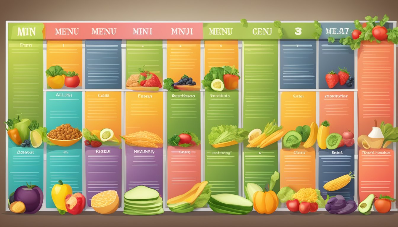 A colorful menu board with various healthy food options labeled for different health goals