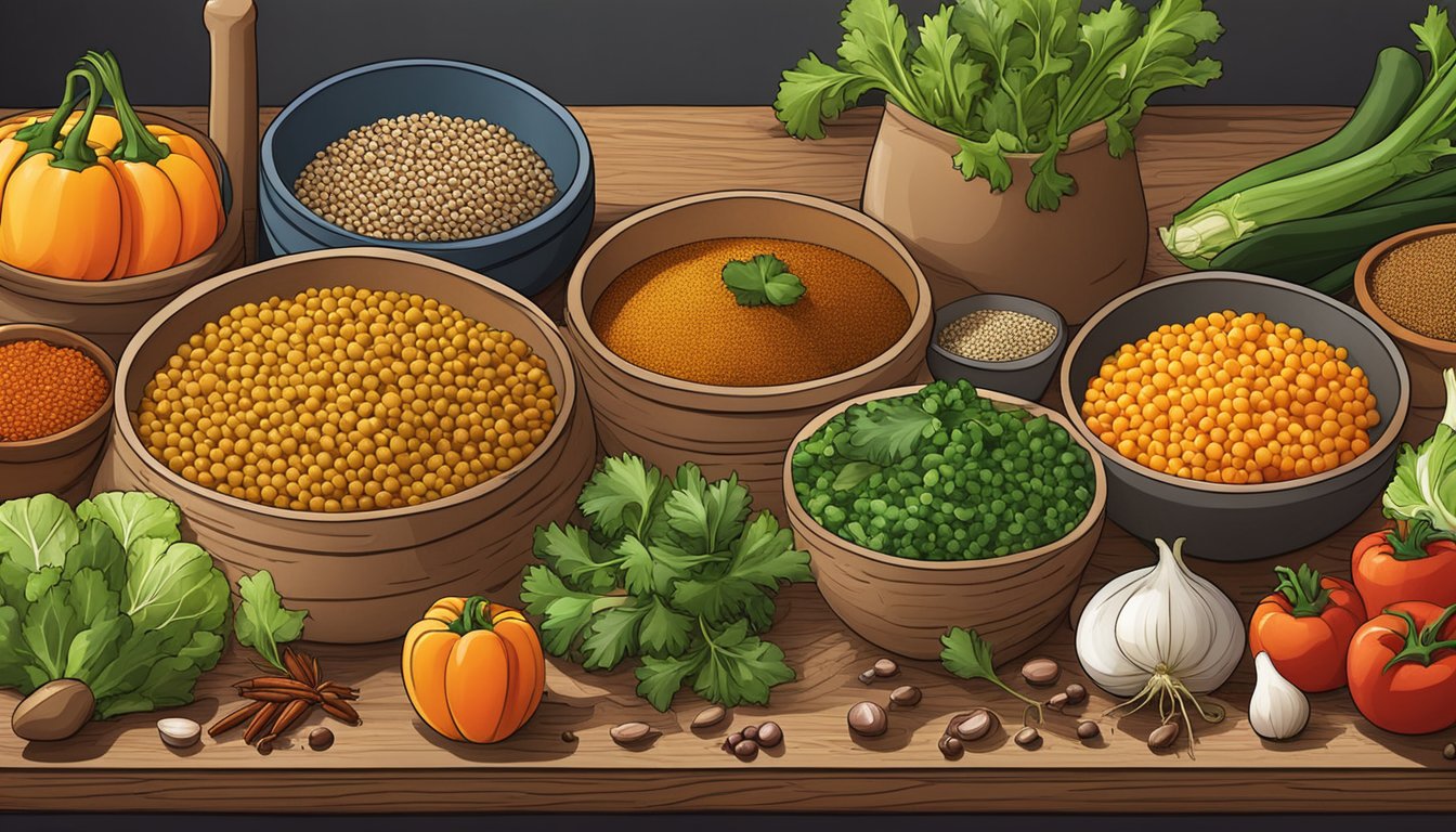 A colorful array of fresh vegetables, lentils, and spices arranged on a wooden cutting board in a bustling Indian restaurant kitchen