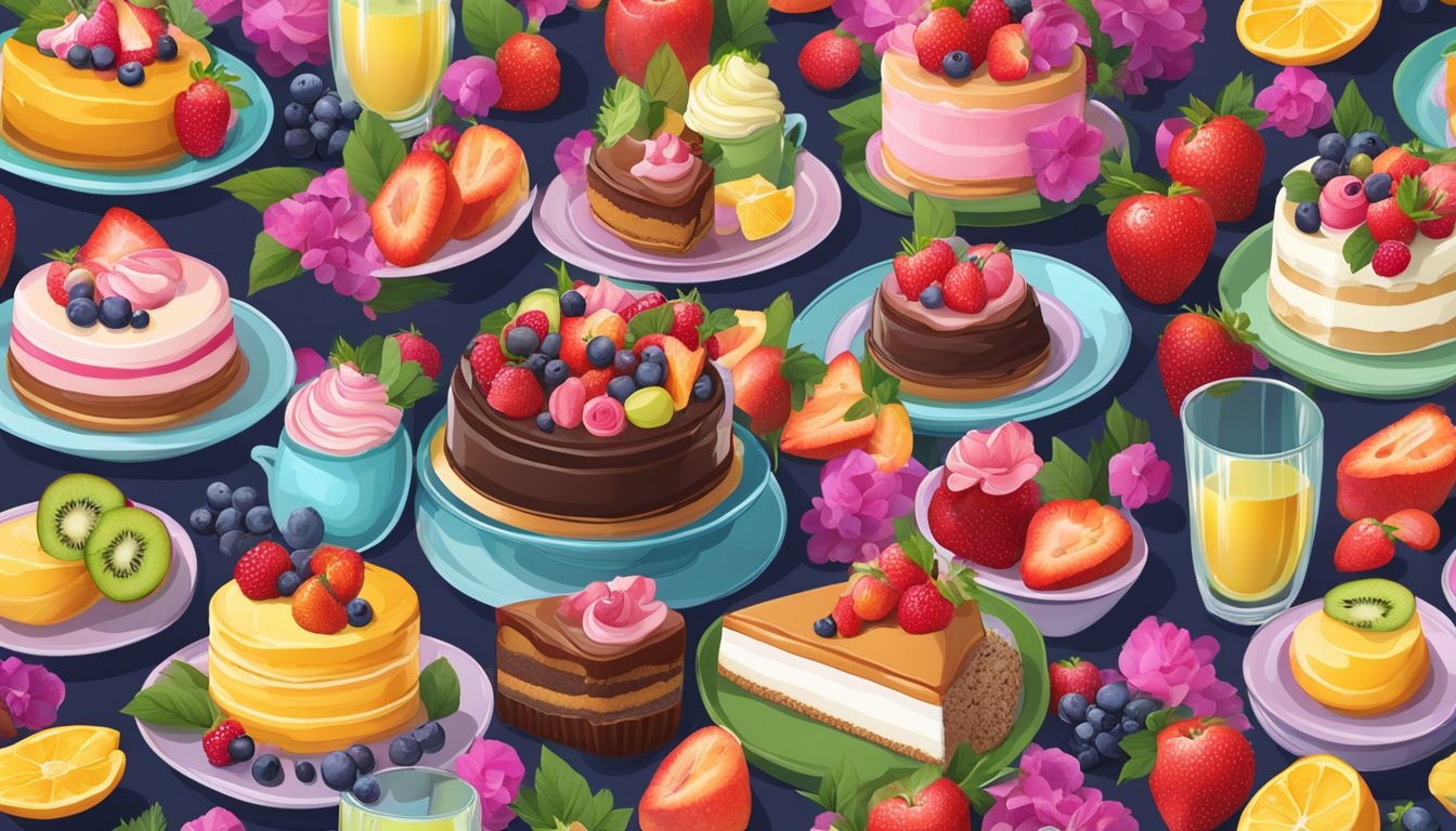 A table filled with colorful and decadent desserts, surrounded by fresh fruits and vibrant flowers