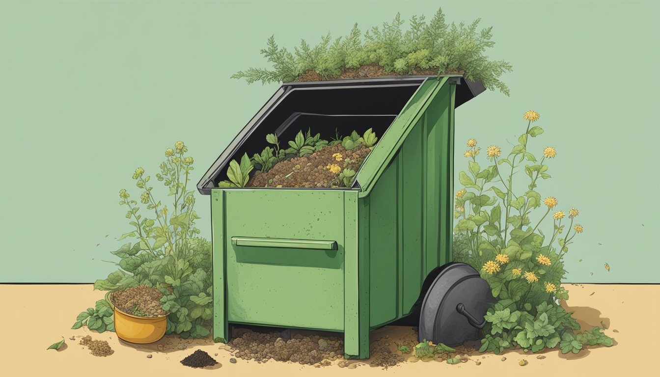 A compost bin with weeds and seeds being added, while other items are kept separate