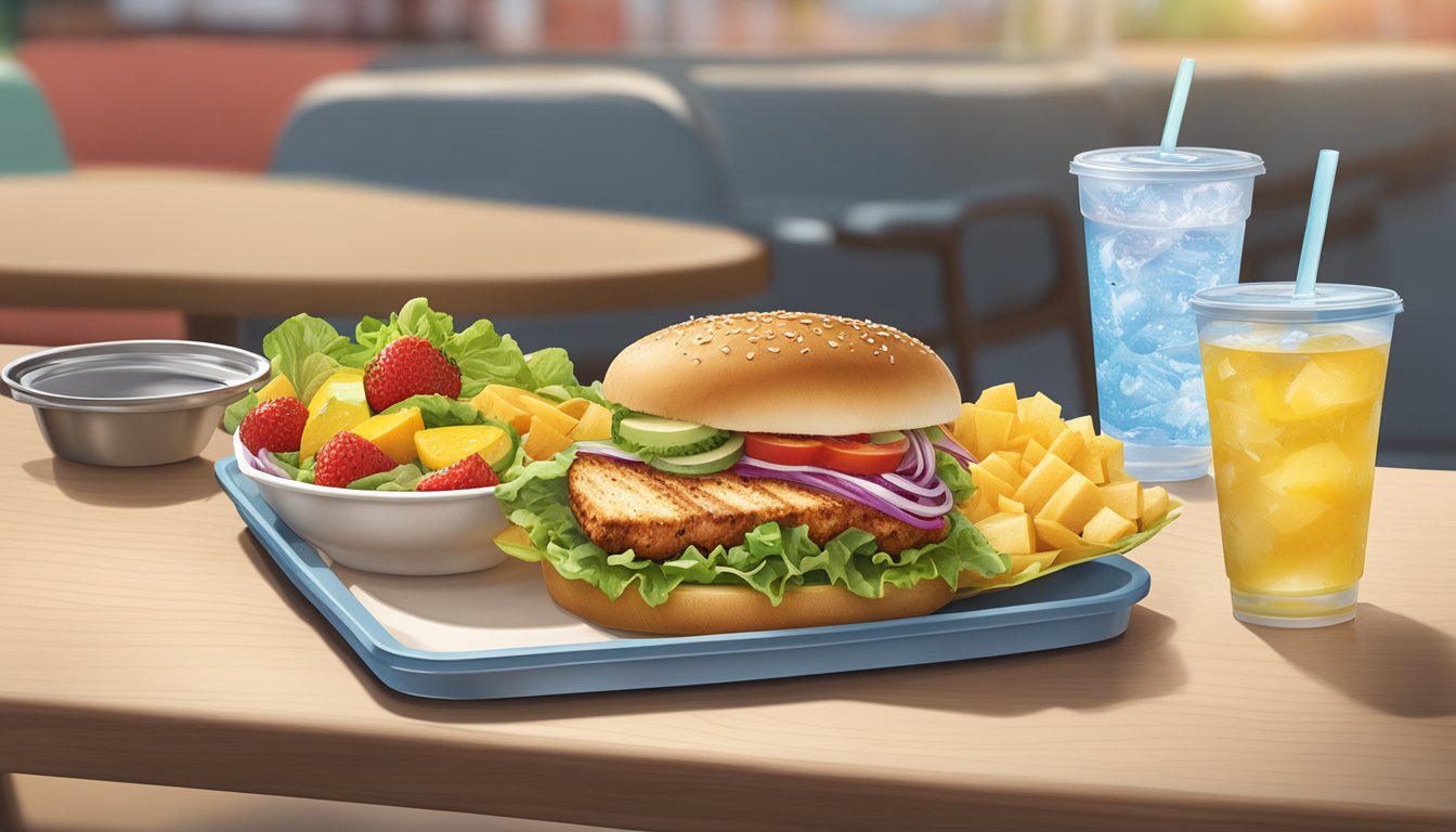 A colorful salad and fruit displayed next to a grilled chicken sandwich and a cup of water on a tray at a Hardee's fast food outlet