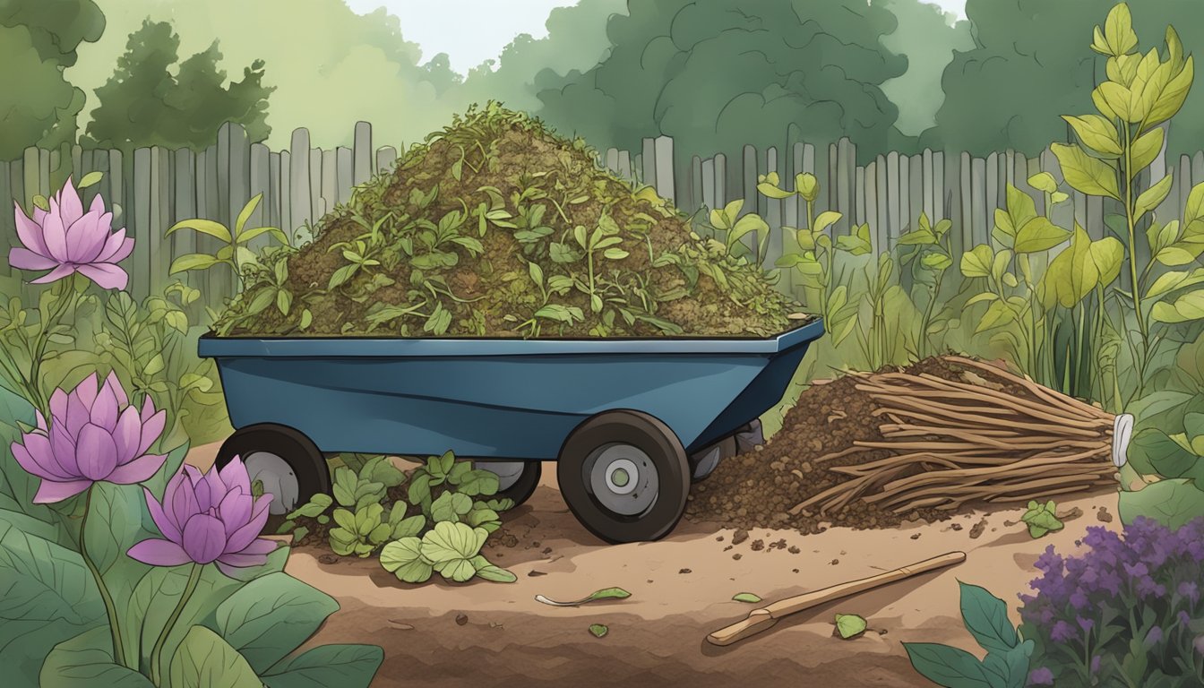 Wilted herbs being added to a compost pile, surrounded by other organic matter and earthy materials