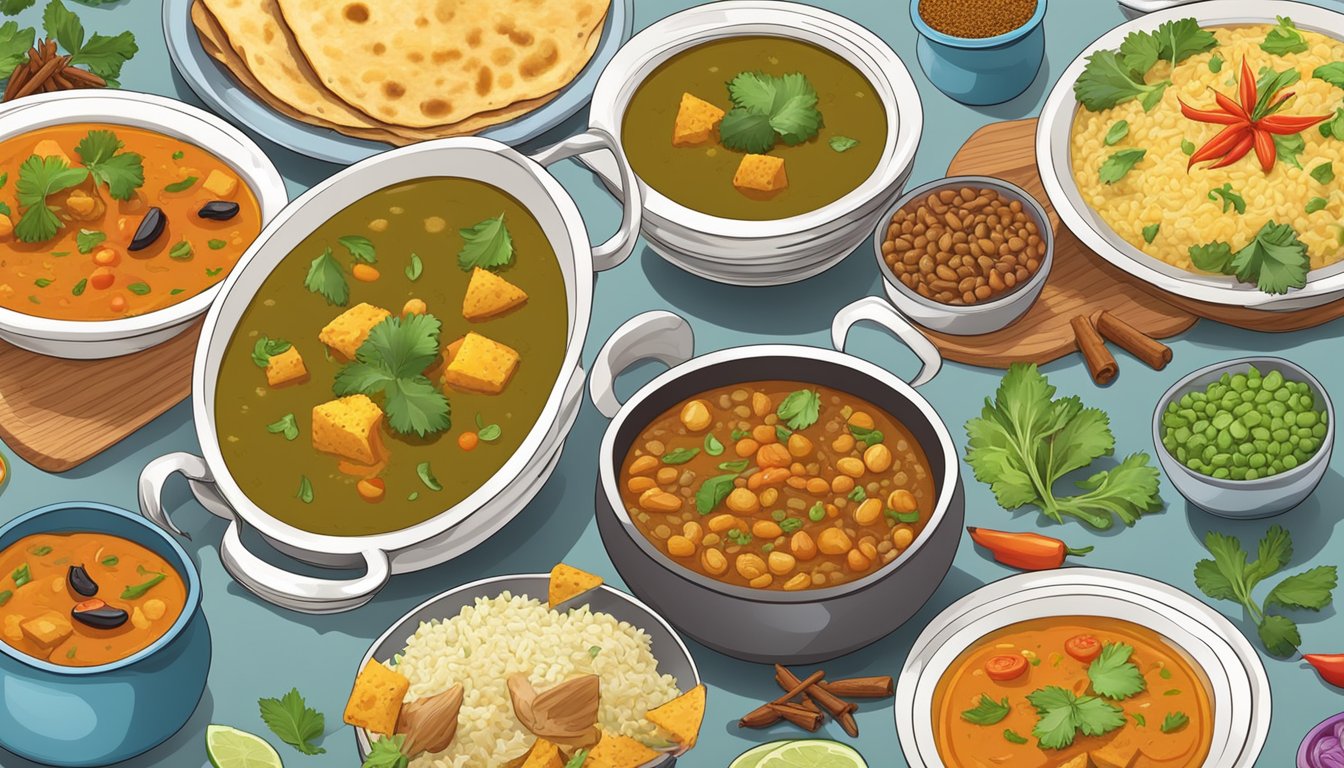 A colorful spread of Indian dishes, including vegetable curry, lentil soup, and fresh salads, arranged on a table with vibrant spices and herbs