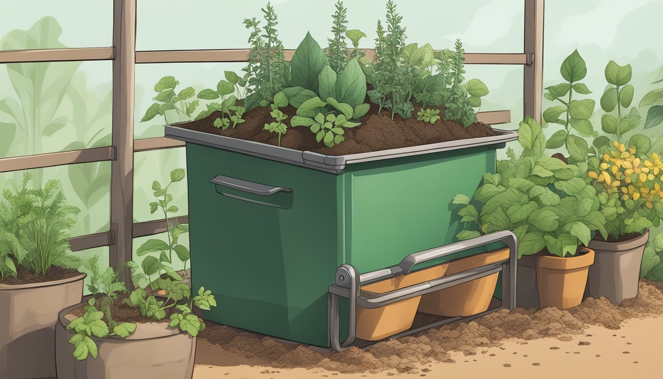 Wilted herbs being added to a compost bin, surrounded by healthy plants and rich soil