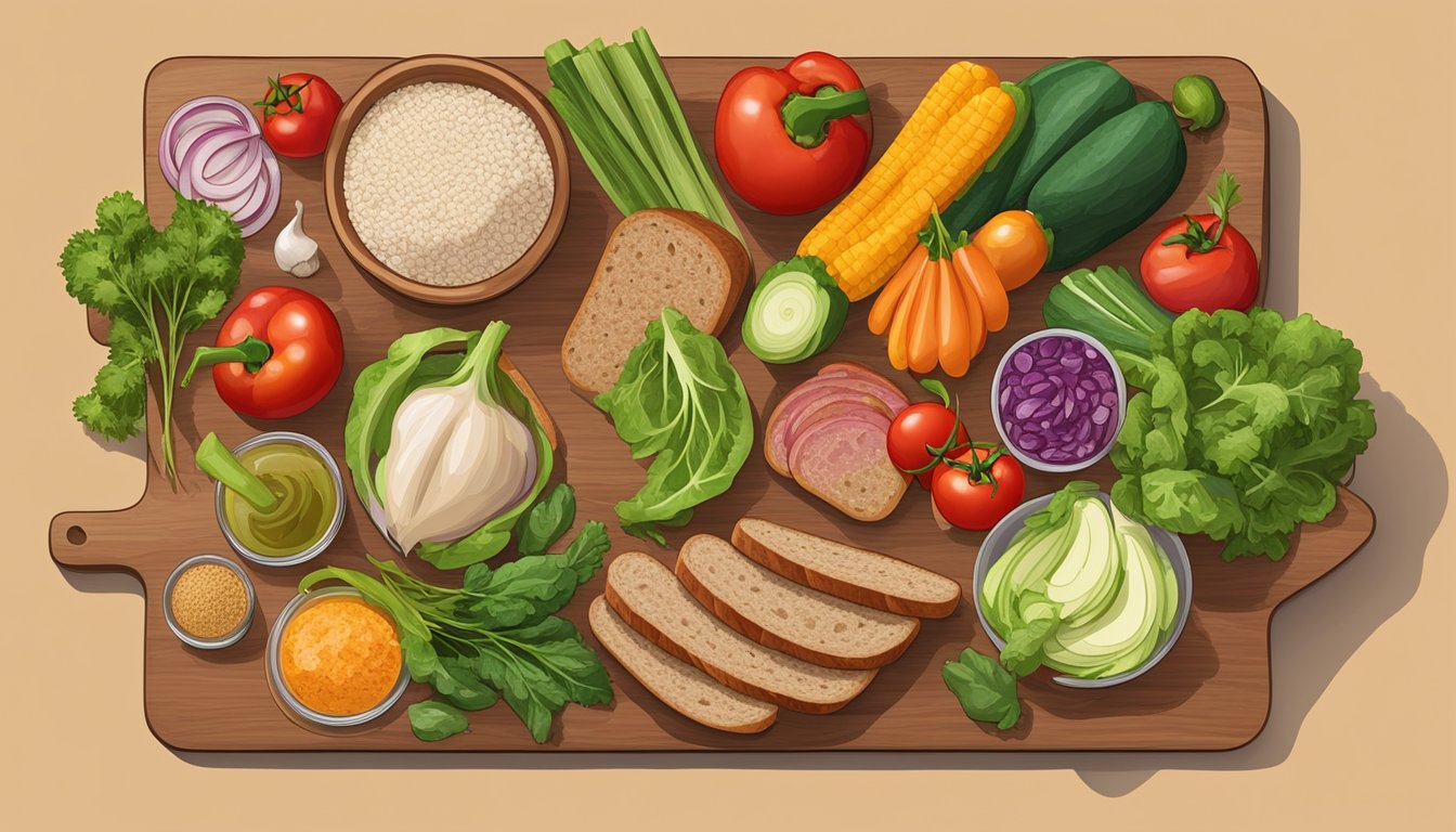 A variety of fresh, colorful vegetables and lean meats arranged on a cutting board, surrounded by whole grain bread and artisanal condiments