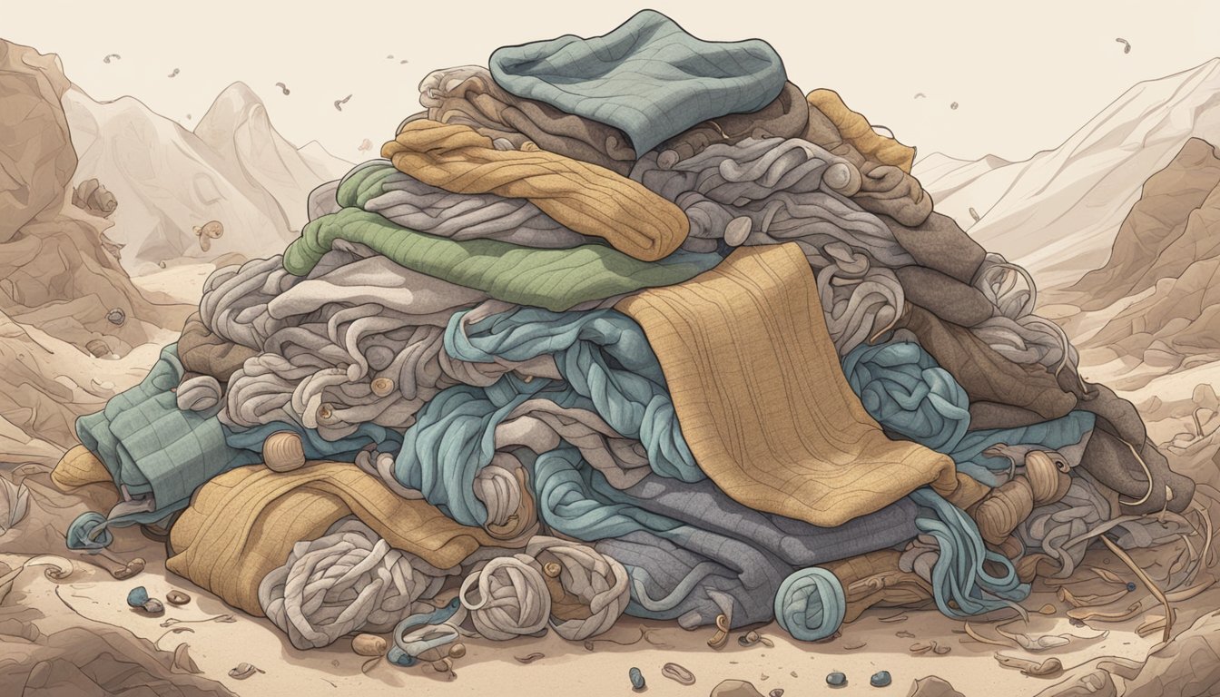 A pile of wool sweaters surrounded by compostable materials, with worms and microorganisms breaking down the fabric