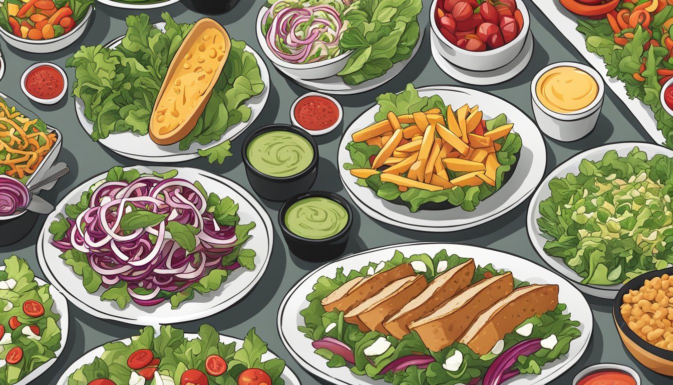 A colorful array of fresh salads and sides spread out on a table, with vibrant vegetables and crisp greens, showcasing Jimmy John's healthy options