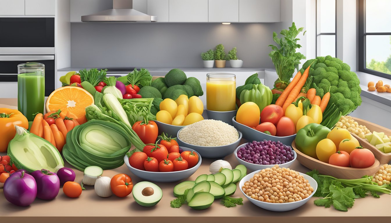 A colorful array of fresh vegetables, fruits, and lean protein options laid out on a clean, modern countertop