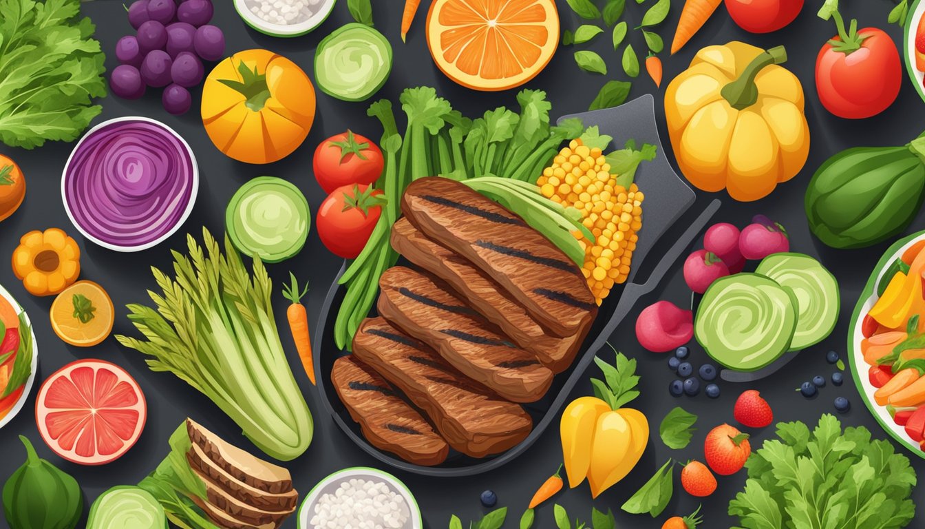 A colorful array of fresh vegetables and lean proteins grilling on the barbecue, surrounded by vibrant fruits and whole grains