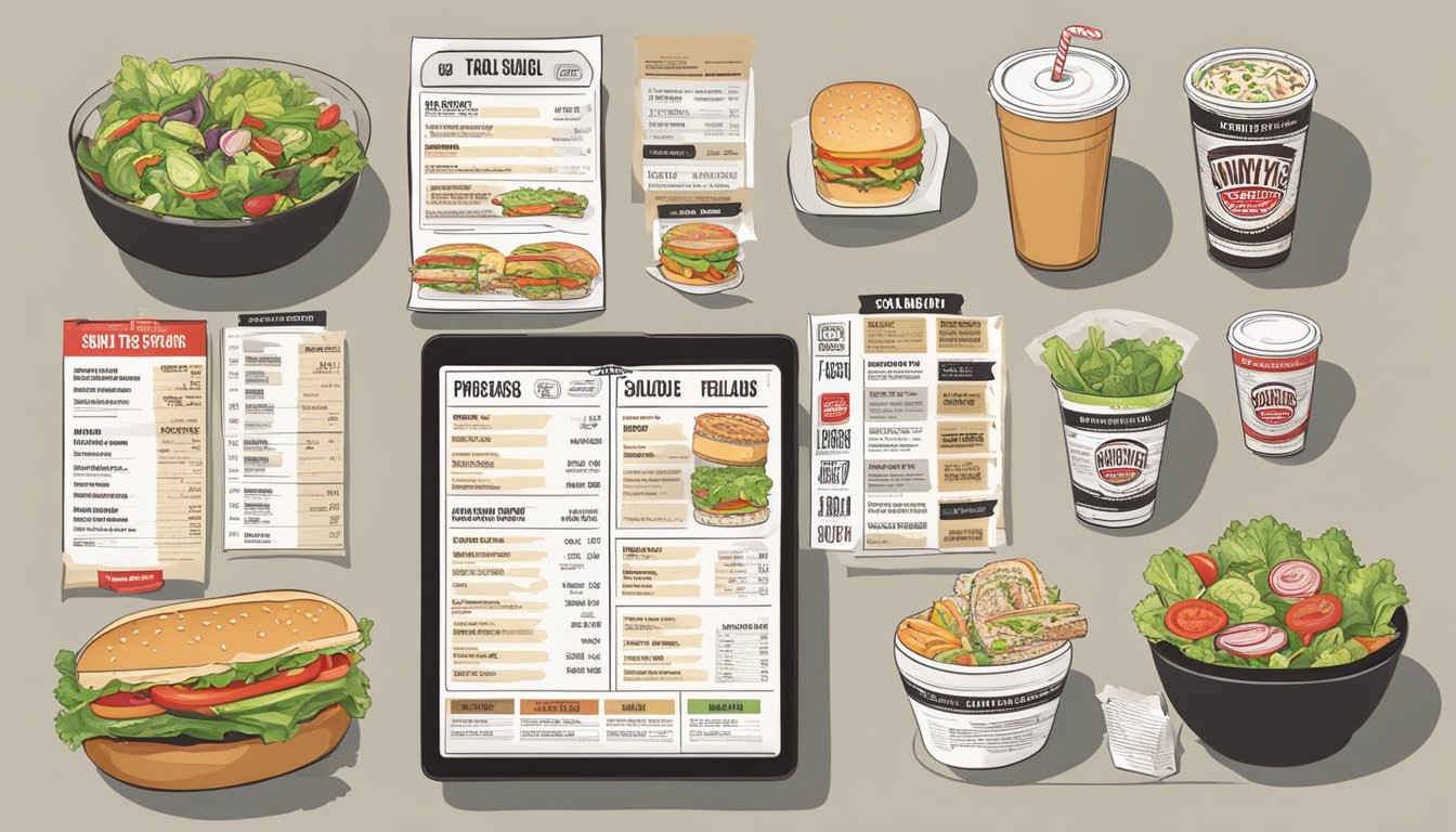 A table with various Jimmy John's menu items, including salads and sandwiches, alongside nutritional information charts and calorie counts