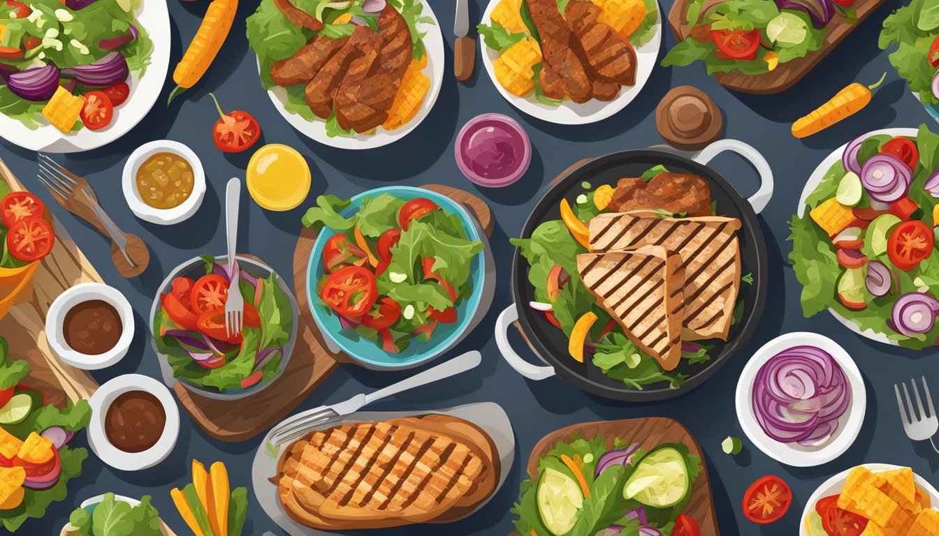 A colorful display of grilled vegetables, lean meats, and fresh salads arranged on a table at a cookout restaurant