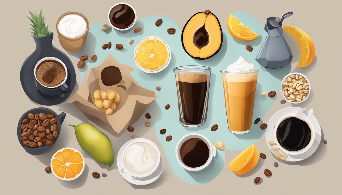 A table with various coffee drinks: black, latte, and cold brew. Surrounding the drinks are images of healthy ingredients like fruits, nuts, and seeds