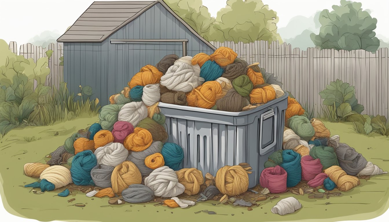 A pile of wool sweaters and other natural materials decomposing in a backyard compost bin