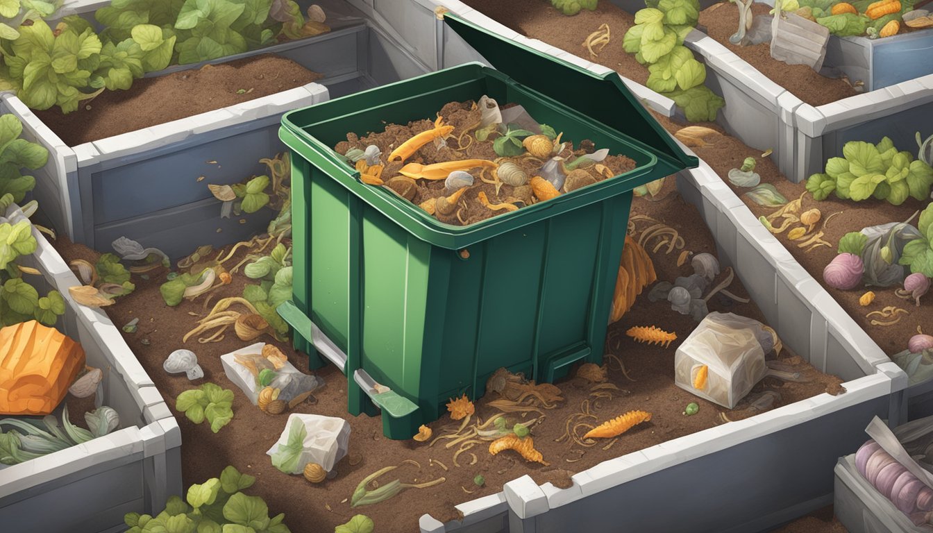 A compost bin filled with organic waste, including wax paper, surrounded by worms and microorganisms breaking down the materials