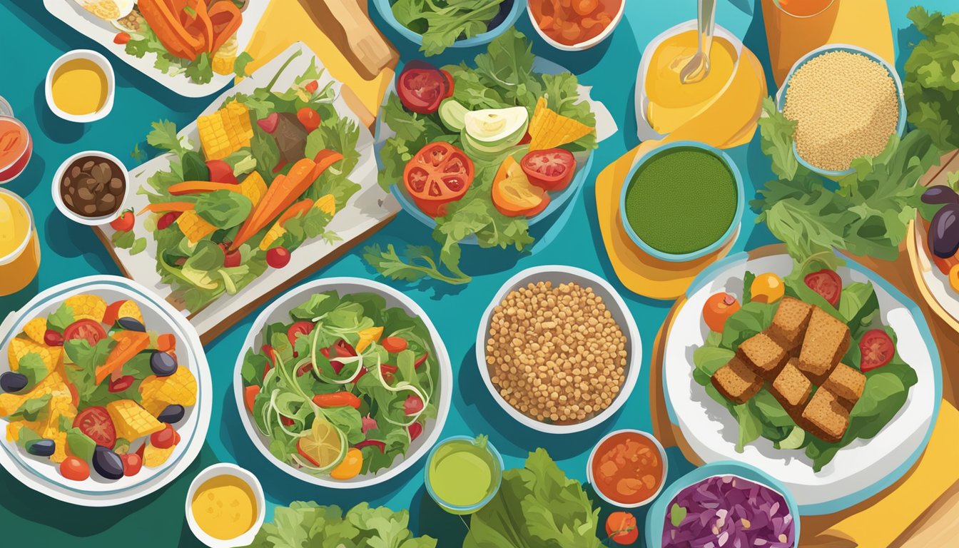 A colorful array of nutrient-rich sides displayed on a vibrant outdoor table at a cookout restaurant. Fresh salads, grilled vegetables, and wholesome grains fill the scene