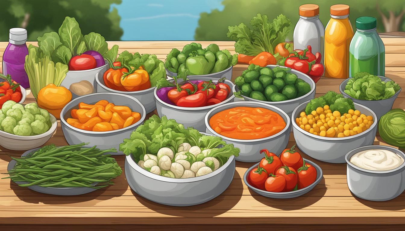 A colorful array of fresh vegetables and vibrant sauces displayed on a wooden counter at a cookout restaurant