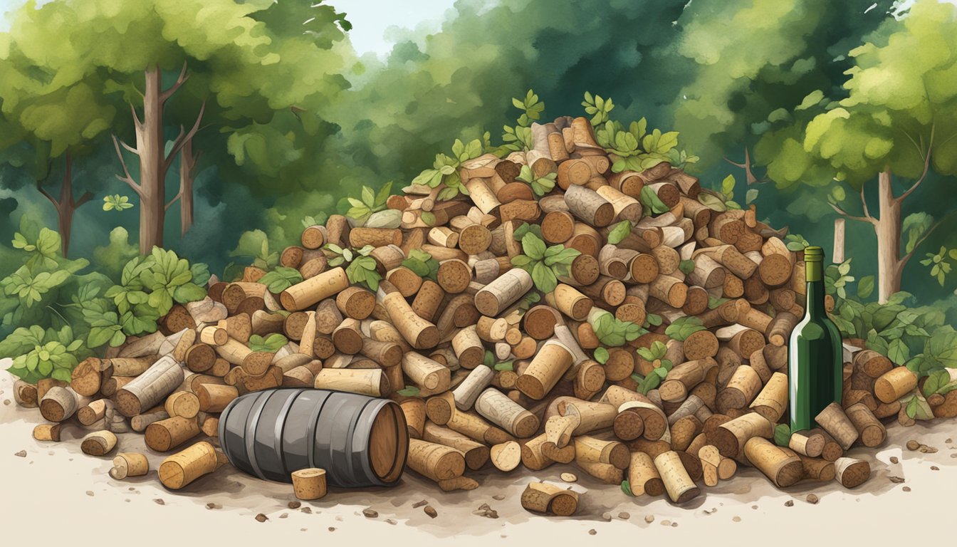 A compost pile with wine corks breaking down among other organic materials, surrounded by greenery and natural elements