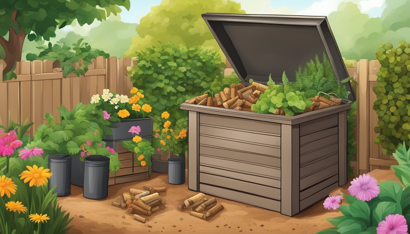 A compost bin filled with organic waste, including wine corks, surrounded by a lush garden with various plants and flowers thriving from the nutrient-rich soil