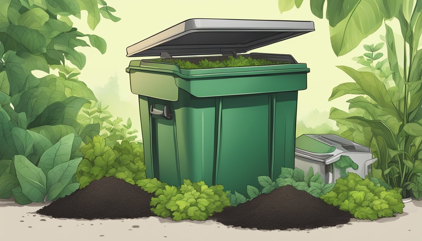 A compost bin filled with various compostable items, including wax paper, surrounded by greenery and a futuristic composting machine in the background