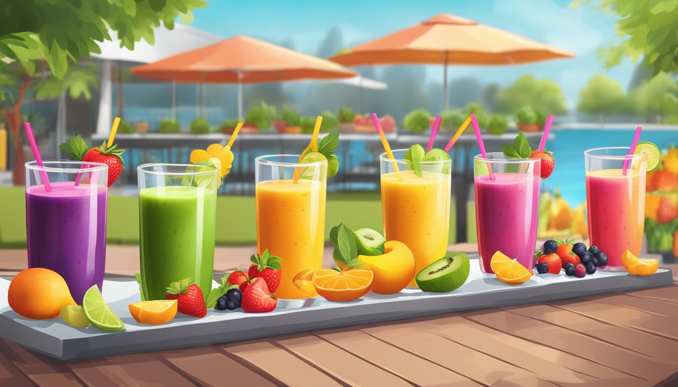 A colorful array of fresh fruit smoothies and vegetable juices on display at a vibrant outdoor cookout restaurant