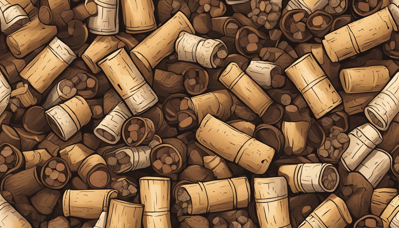 A pile of wine corks surrounded by decomposing organic matter in a compost bin