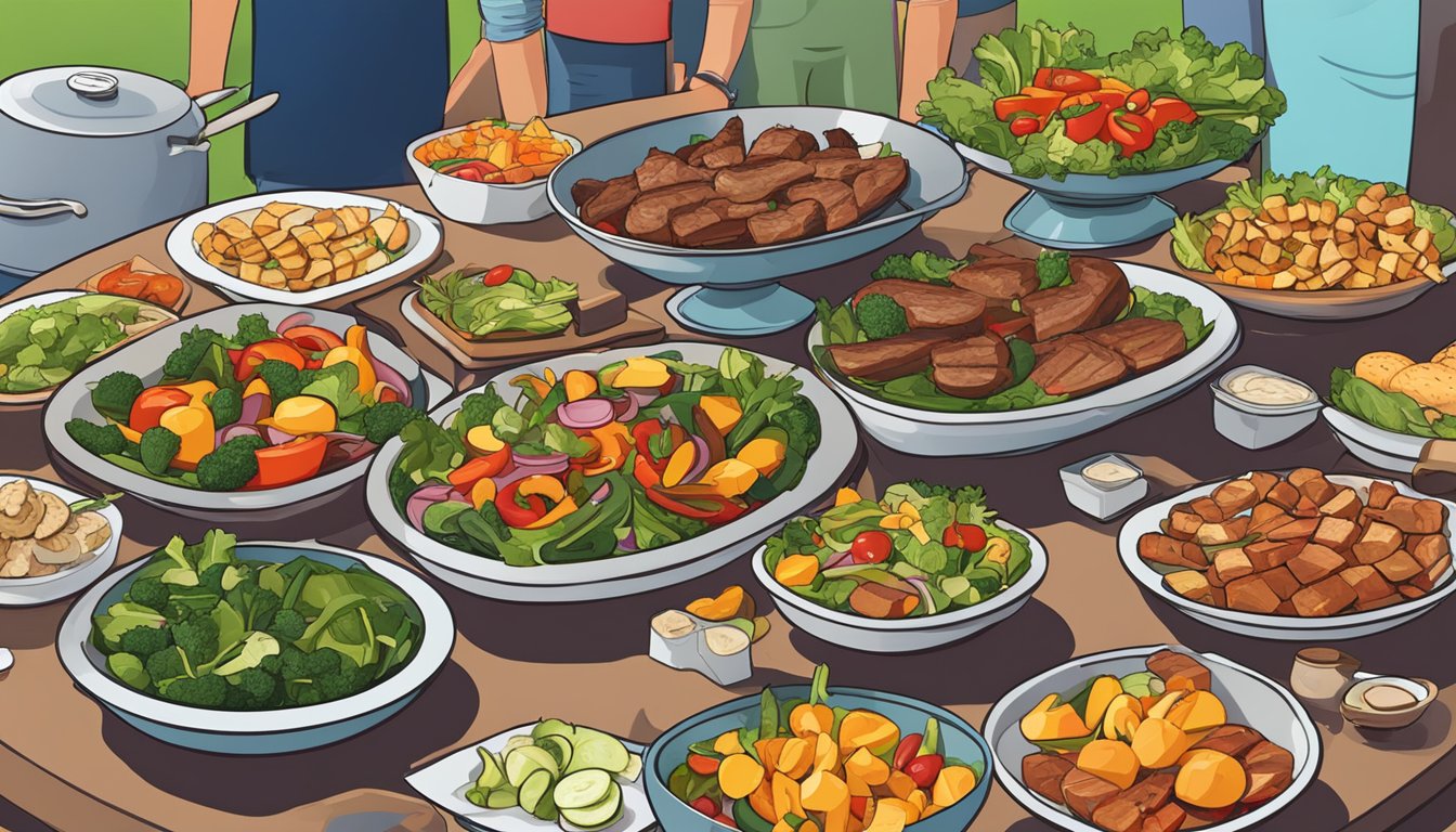 A colorful array of grilled vegetables, lean meats, and fresh salads displayed on a buffet table at a cookout restaurant