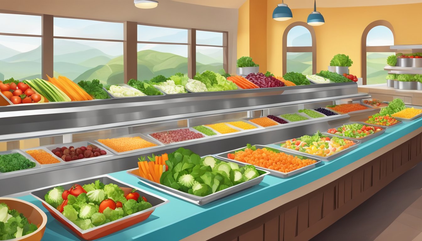 A colorful salad bar with a variety of fresh vegetables, fruits, and lean proteins displayed in a bright, inviting restaurant setting