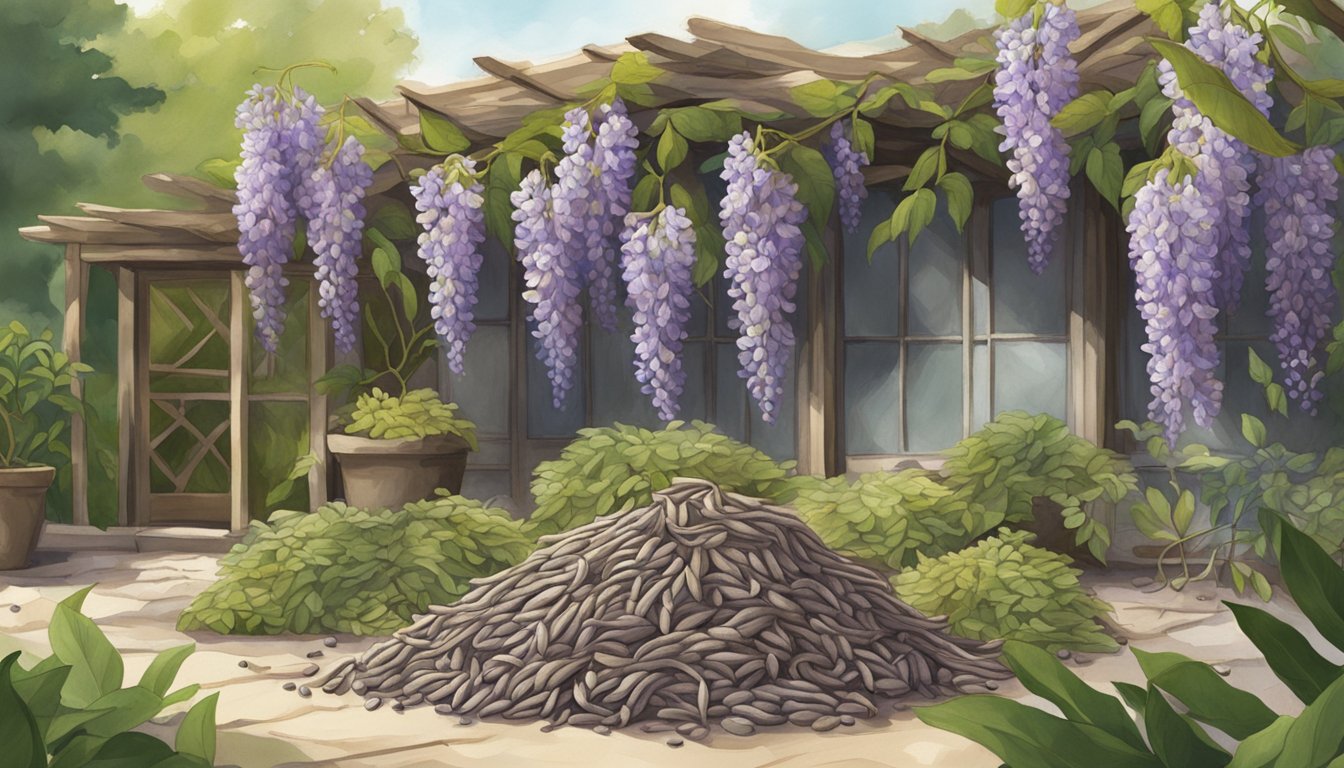 A pile of wisteria pods surrounded by compostable materials in a garden setting