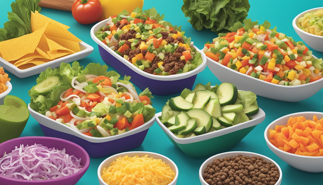 A colorful array of fresh vegetables and lean proteins displayed on a vibrant menu board at Taco Cabana, showcasing the healthy options available