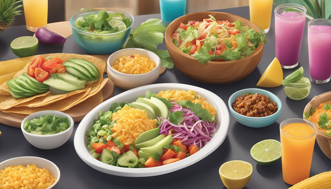 A spread of fresh ingredients and nutritional information displayed on a table at Taco Cabana