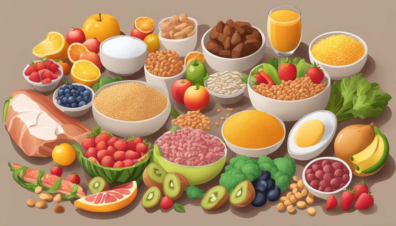 A table with a variety of unhealthy ingredients (sugar, salt, processed meats) crossed out, surrounded by vibrant fruits, vegetables, and whole grains