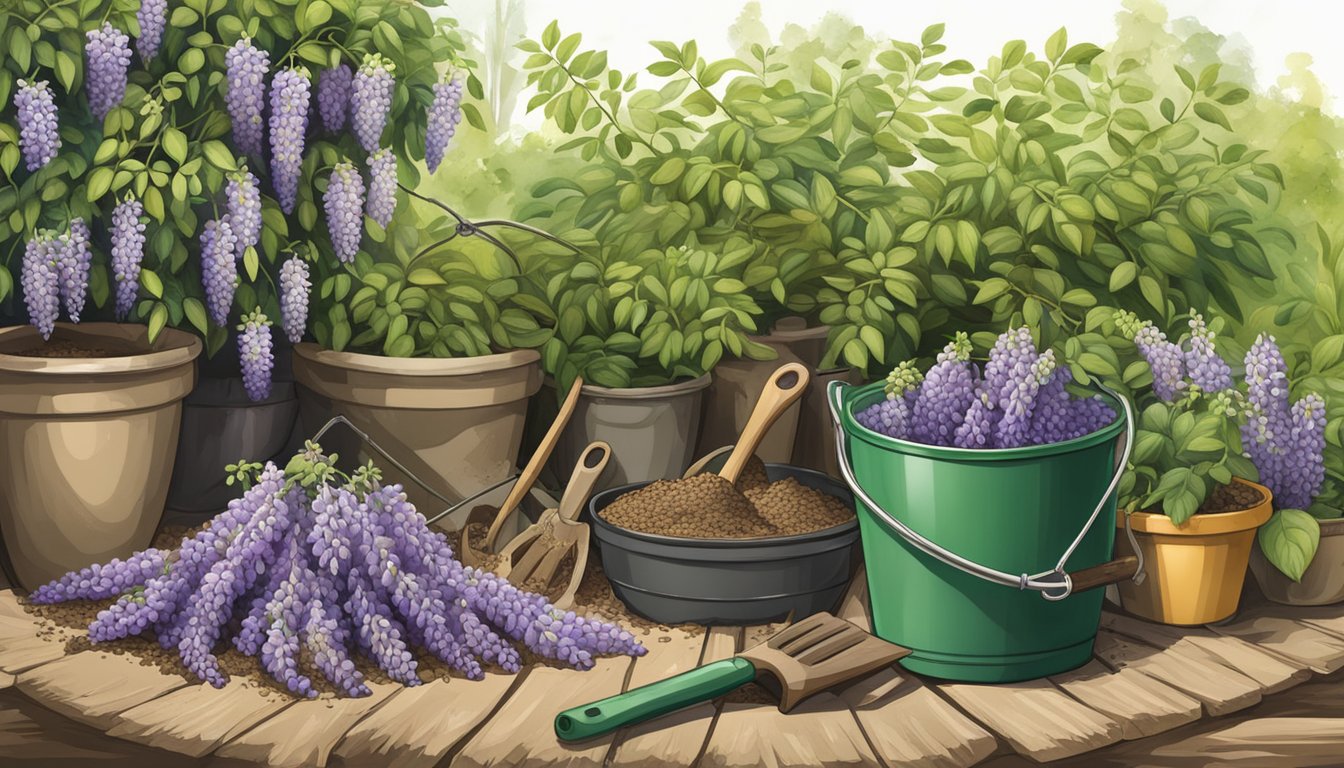 Wisteria pods scattered in compost pile, surrounded by gardening tools and potted plants