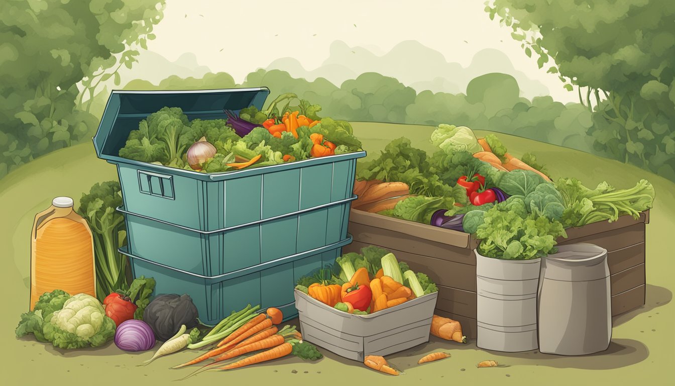 A compost bin overflowing with vegetable scraps and a discarded carton of vegetable broth