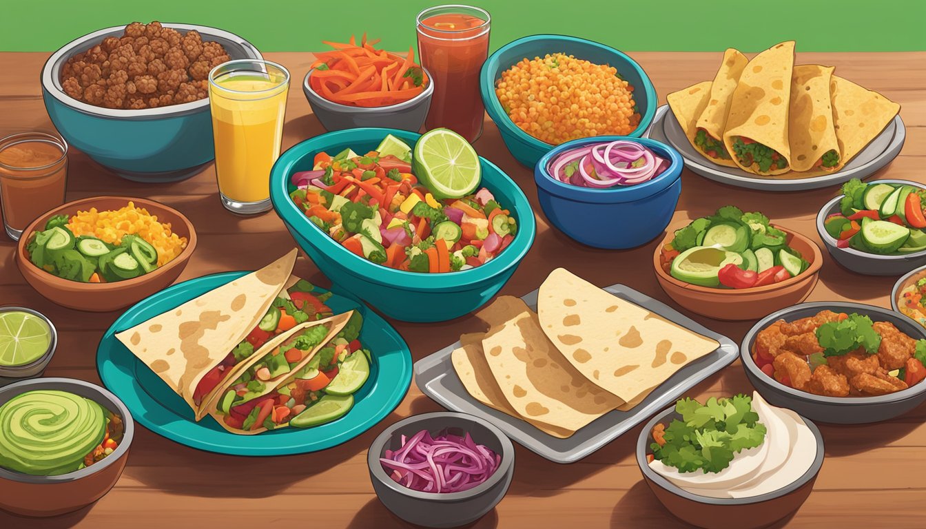 A colorful spread of fresh vegetables, lean meats, and whole grain tortillas displayed on a vibrant table at Taco Cabana