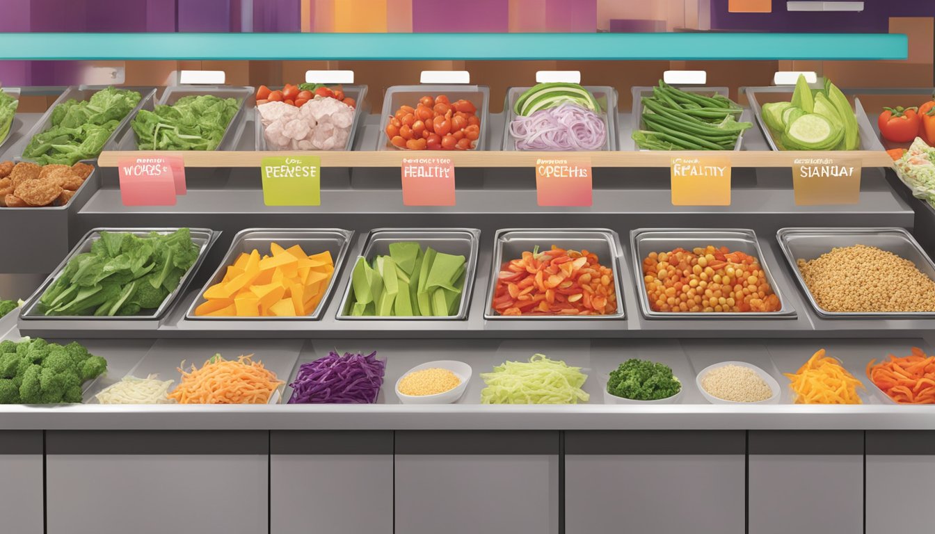 A colorful array of fresh vegetables and lean proteins displayed on a clean, modern counter at Taco Cabana, with clear signage indicating healthy options for sides and toppings