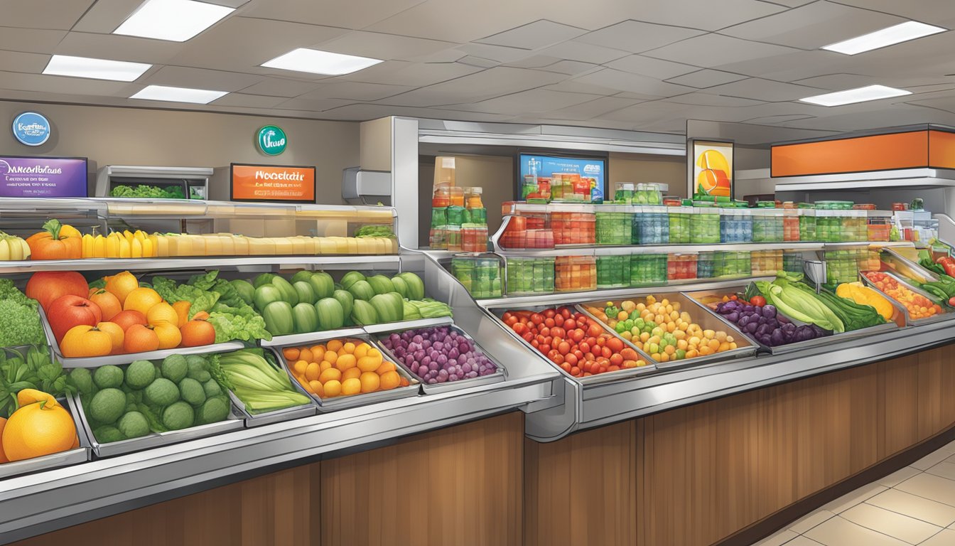 A colorful array of fresh fruits and vegetables displayed alongside bottled water and unsweetened tea at a McDonald's restaurant