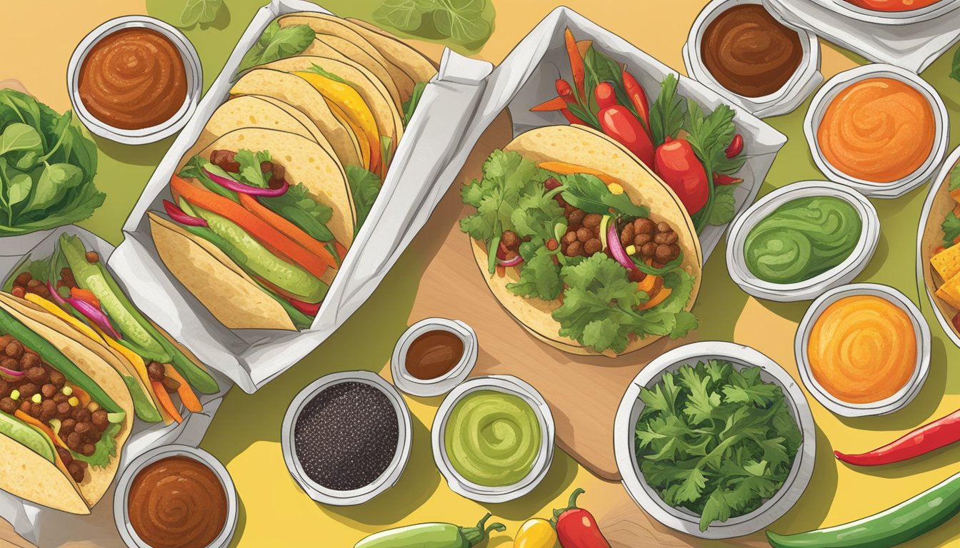 A colorful spread of fresh vegetables, herbs, and spices next to a variety of condiments and sodium-free options at a Taco Cabana