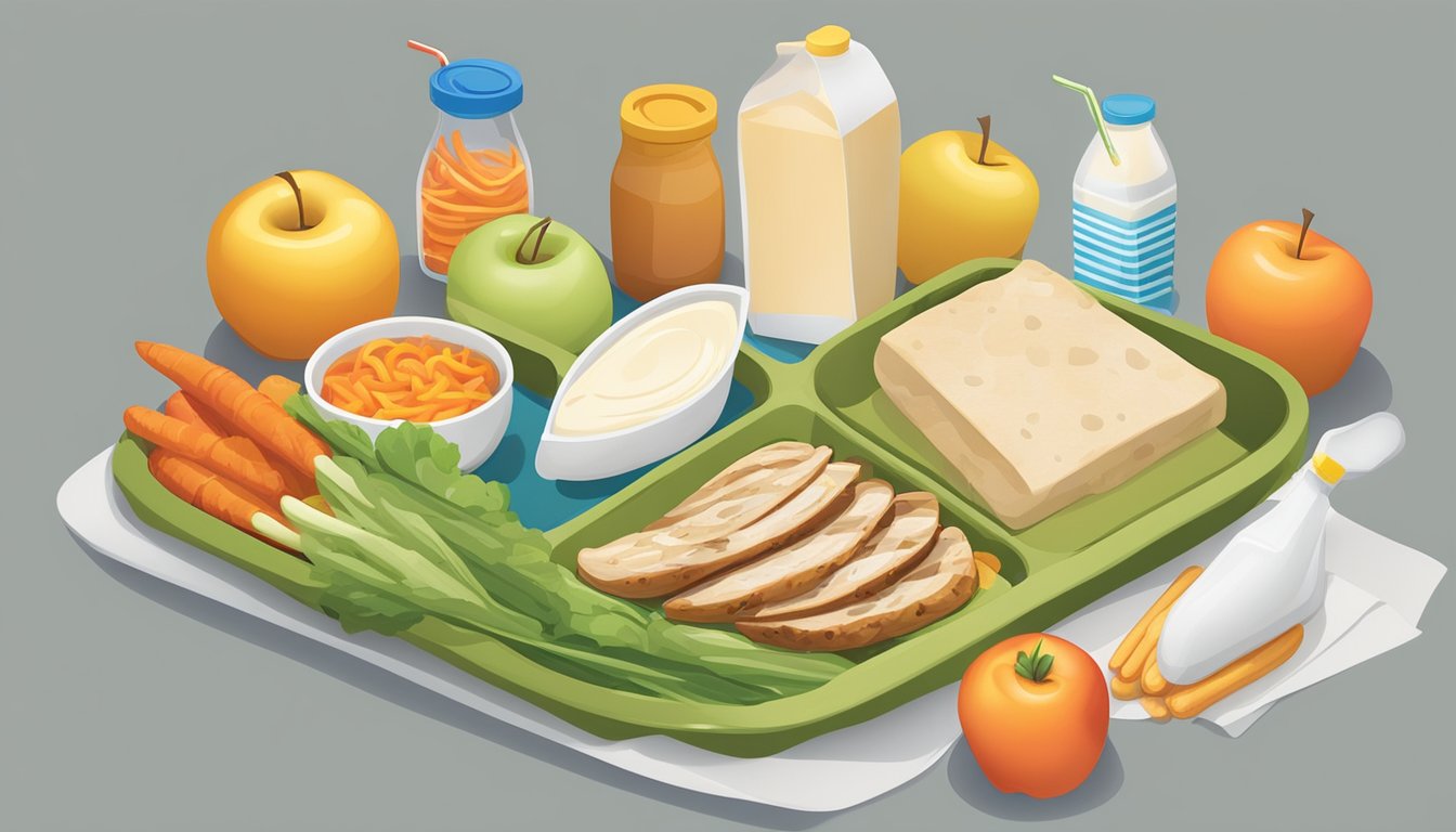 A colorful tray holds a variety of healthy food options, including sliced apples, carrot sticks, and a grilled chicken wrap, alongside a small carton of milk and a toy