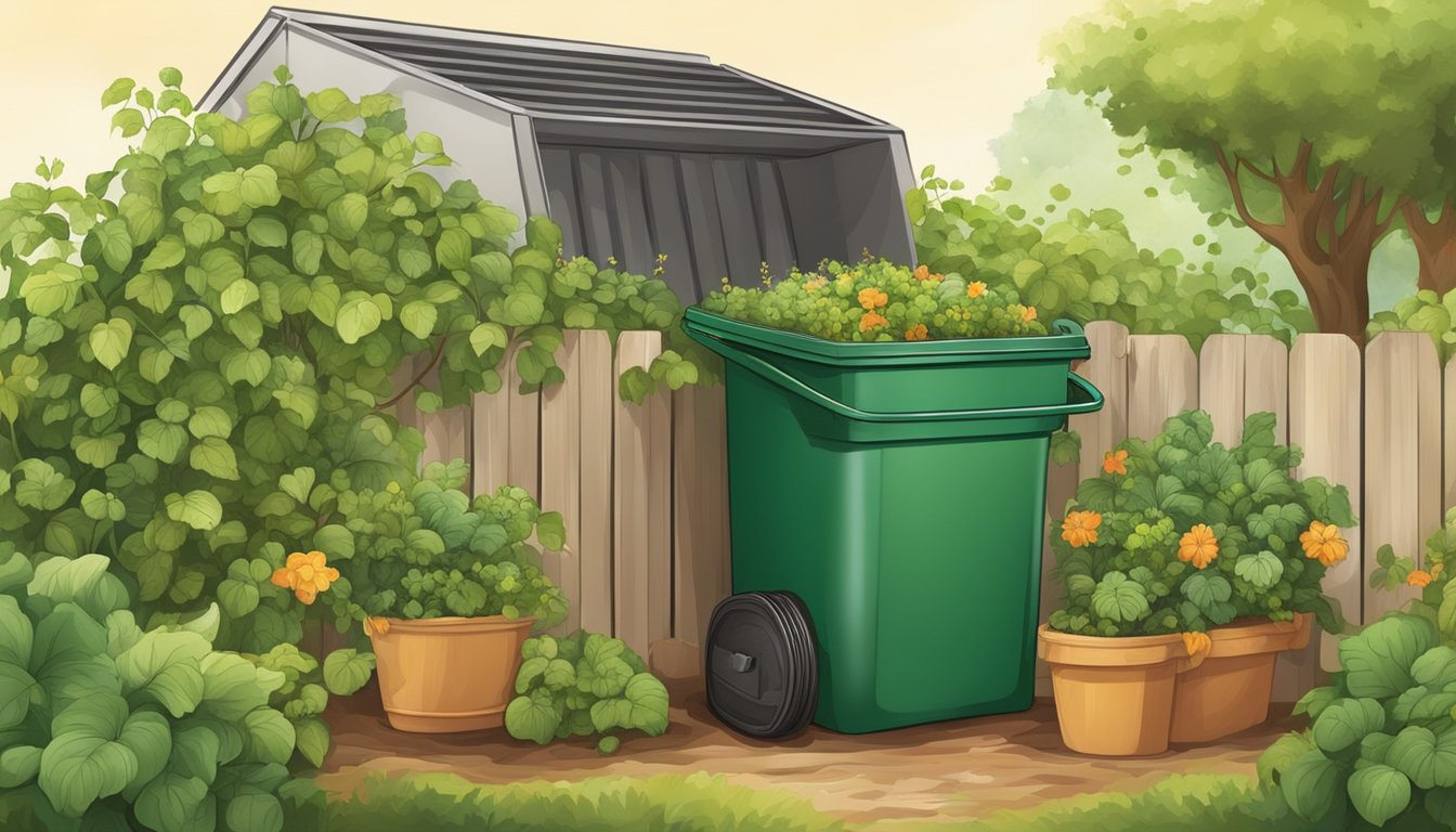 A garden scene with a compost bin surrounded by healthy vines and plants. The compost bin is being used to recycle organic waste and enrich the soil