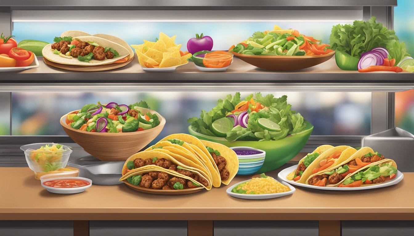 A colorful display of fresh vegetables and lean proteins at a taco cabana, with a variety of specialty items and customization options for healthy tacos