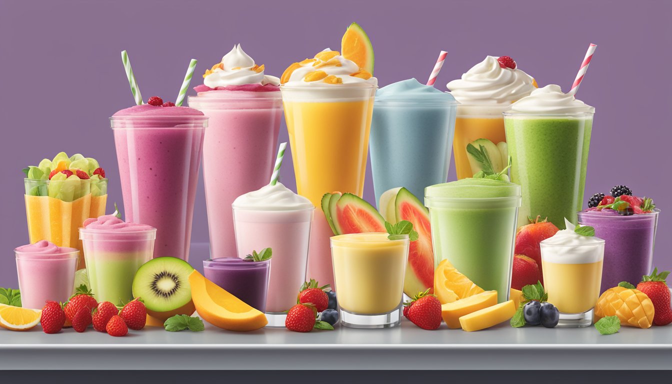 A colorful display of fruit smoothies, yogurt parfaits, and fresh salads alongside decadent desserts at a McDonald's counter